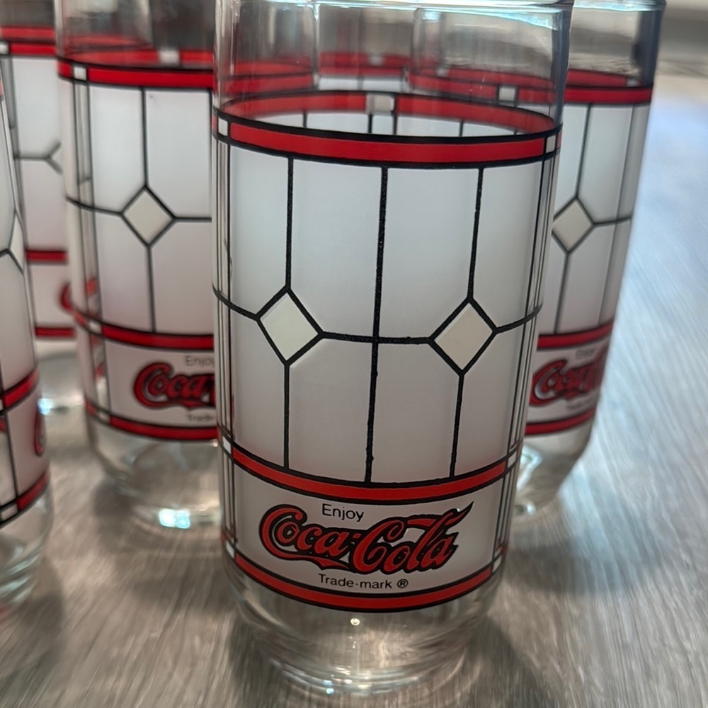 Libbey Coca-Cola Coke Vintage Frosted Tiffany Style 1985 Glasses set of 6 - Picture 2 of 7